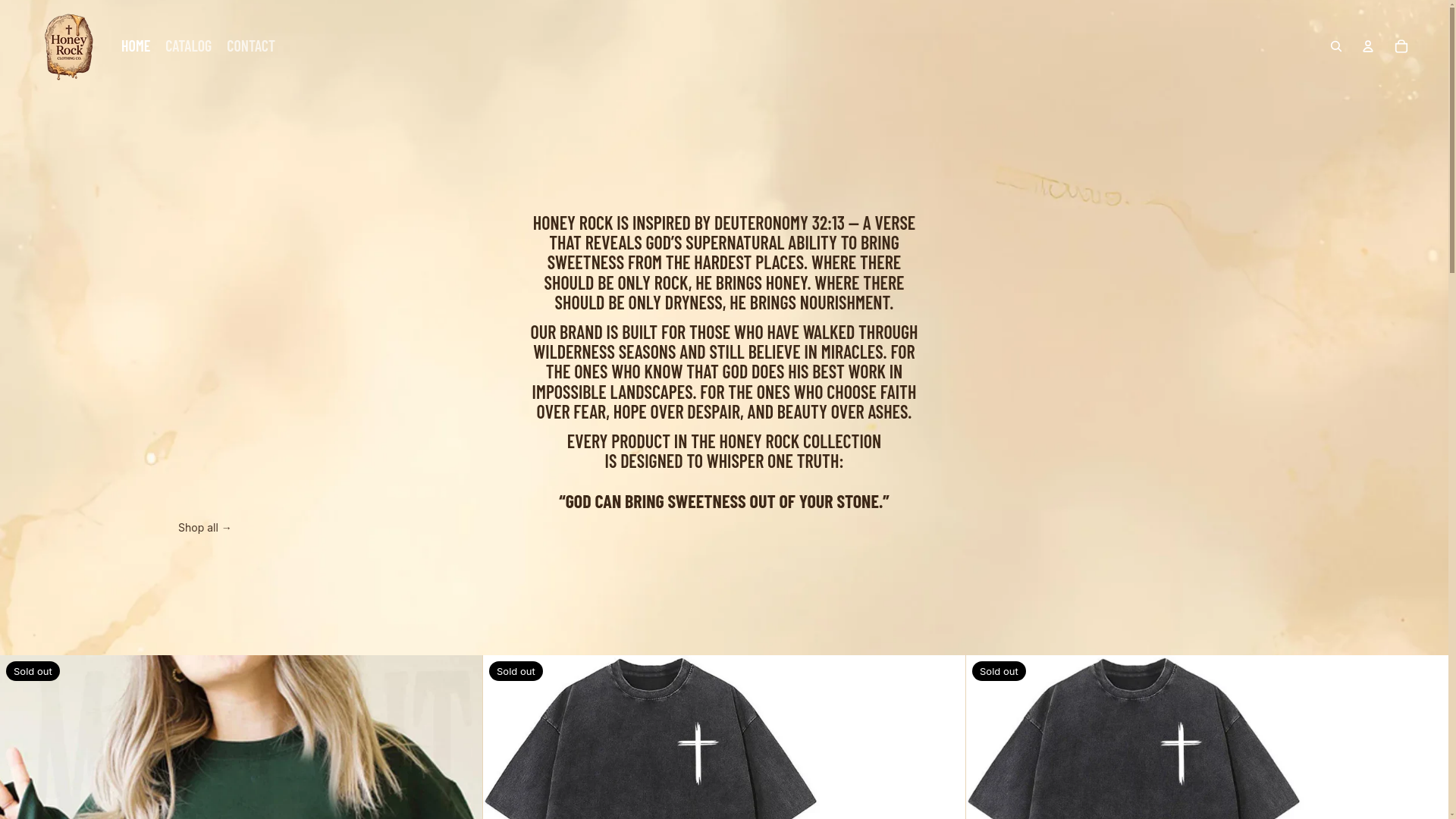 website screenshot of https://honeyrockclothing.co/