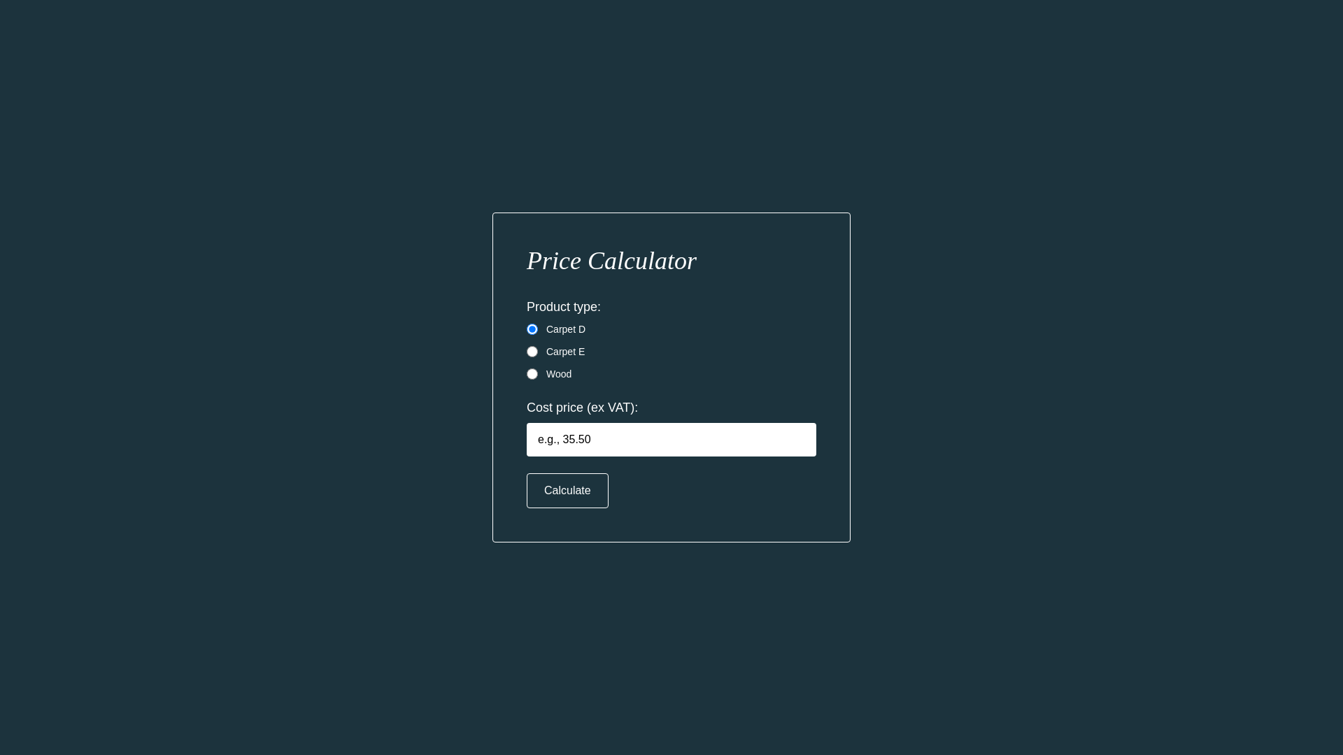 website screenshot of https://price-calculator-ck6pi.kinsta.page