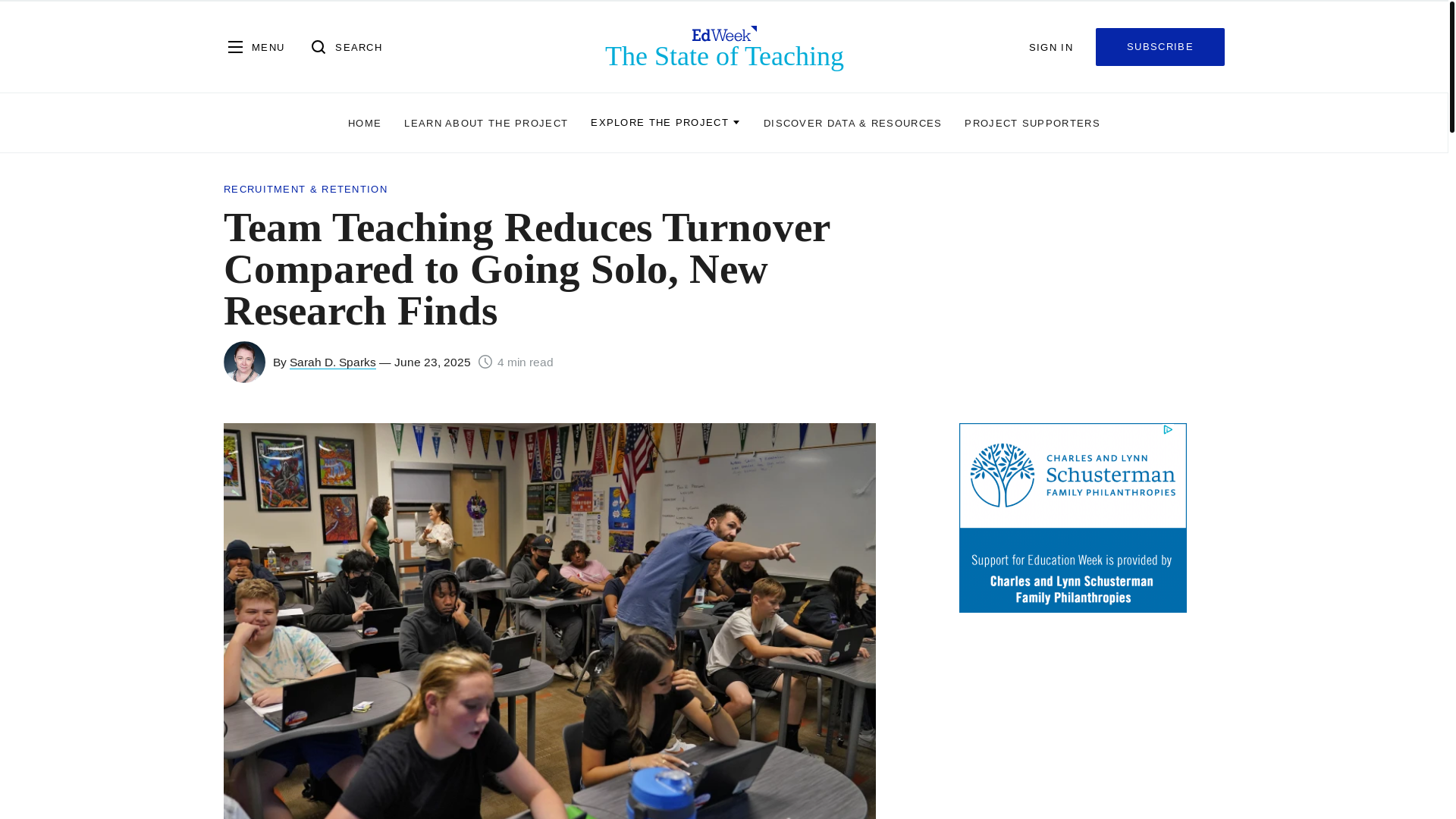 website screenshot of https://www.edweek.org/state-of-teaching/leadership/team-teaching-reduces-turnover-compared-to-going-solo-new-research-finds/2025/06