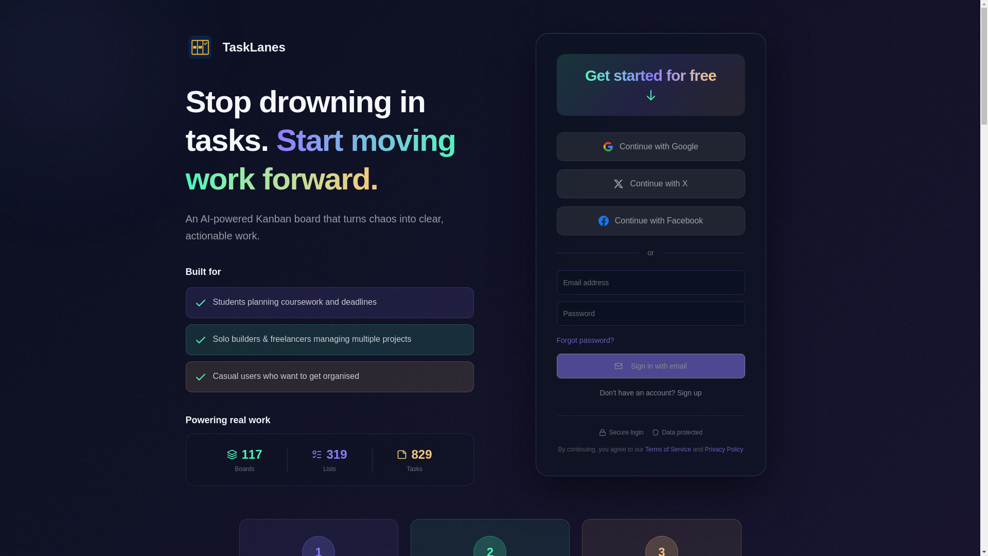 website screenshot of https://tasklanes.app