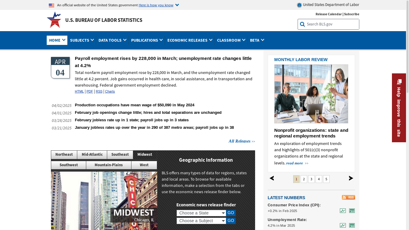 website screenshot of https://www.bls.gov/