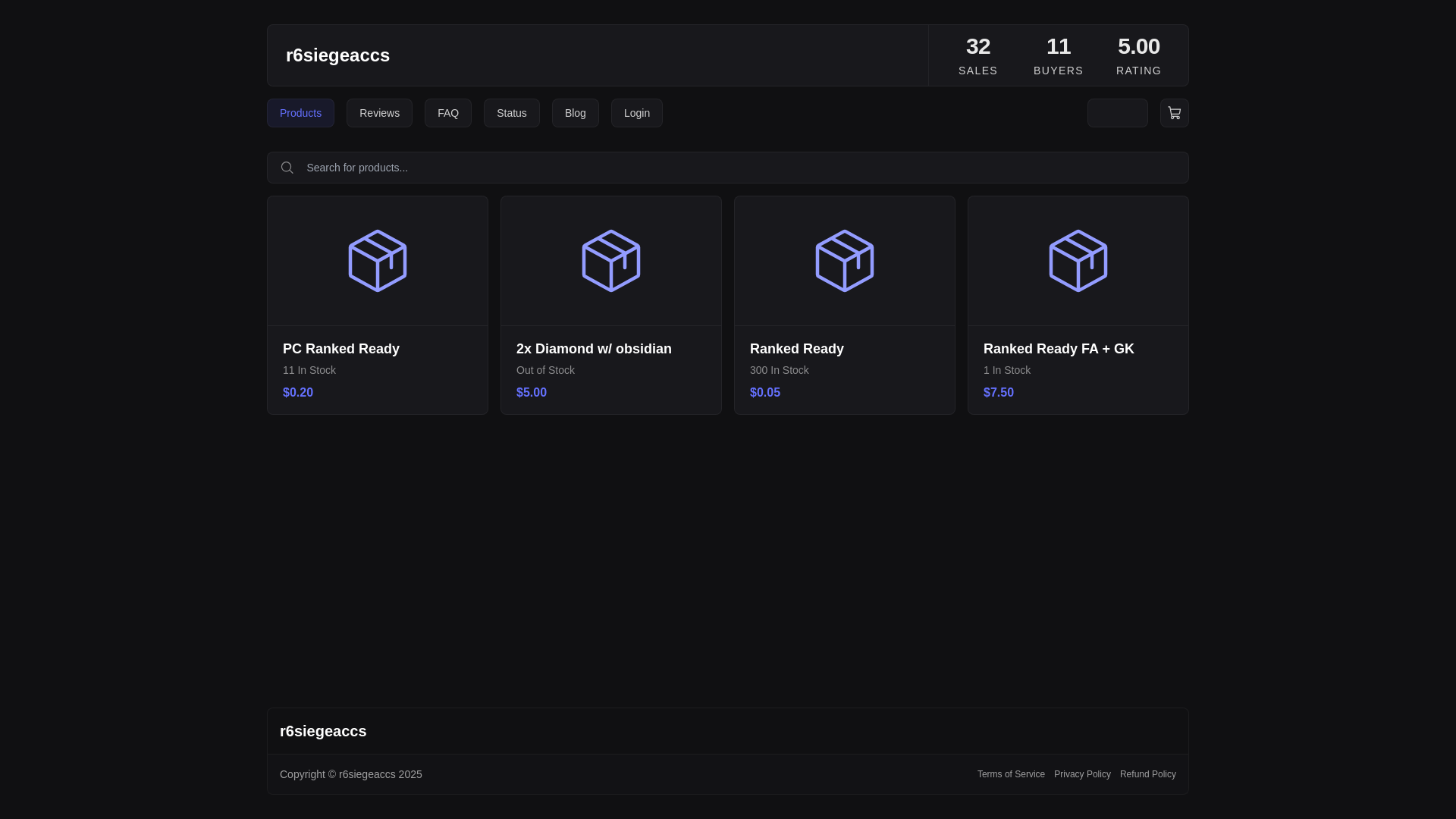 website screenshot of https://r6siegeaccs.mysellauth.com/