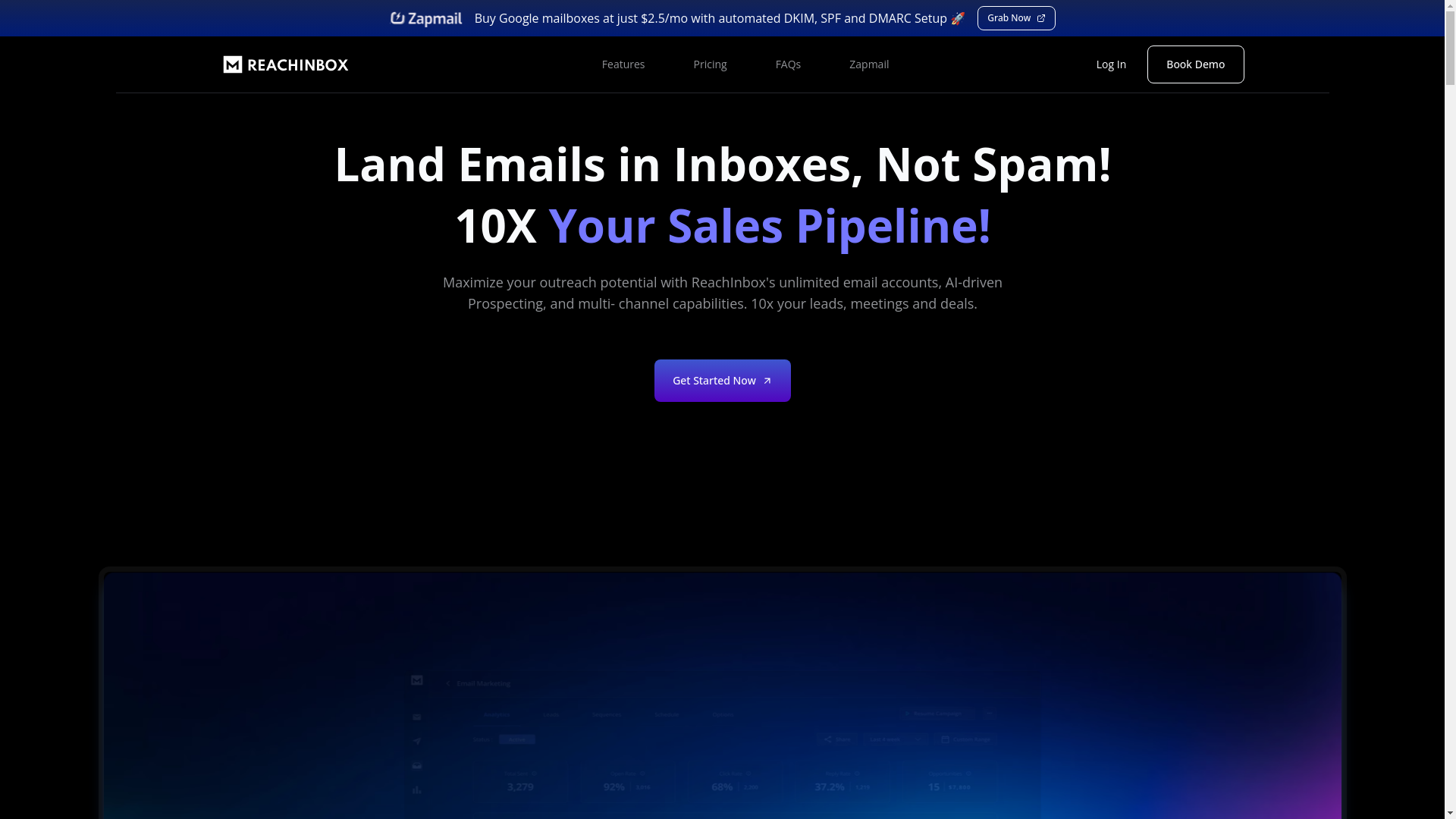 website screenshot of https://reachinbox.ai/