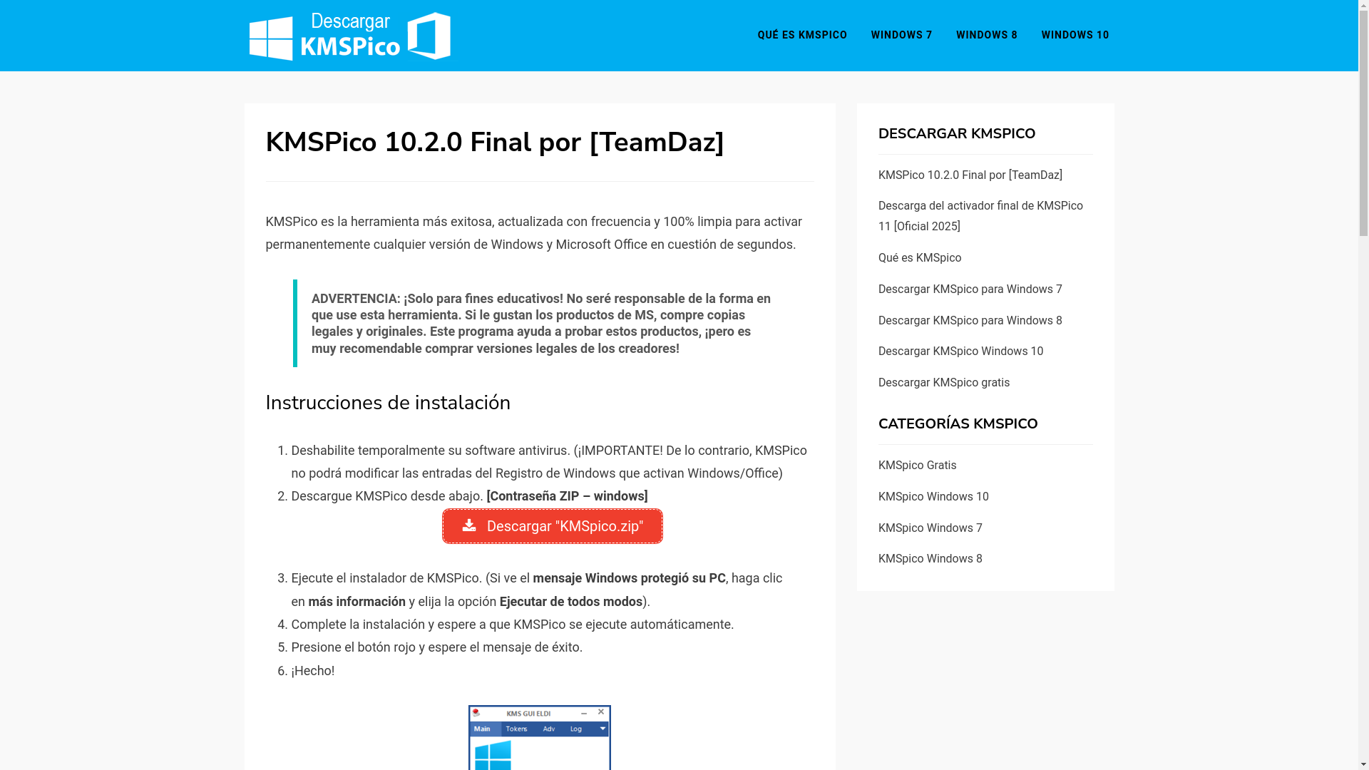 website screenshot of https://descargarkmspico.com/