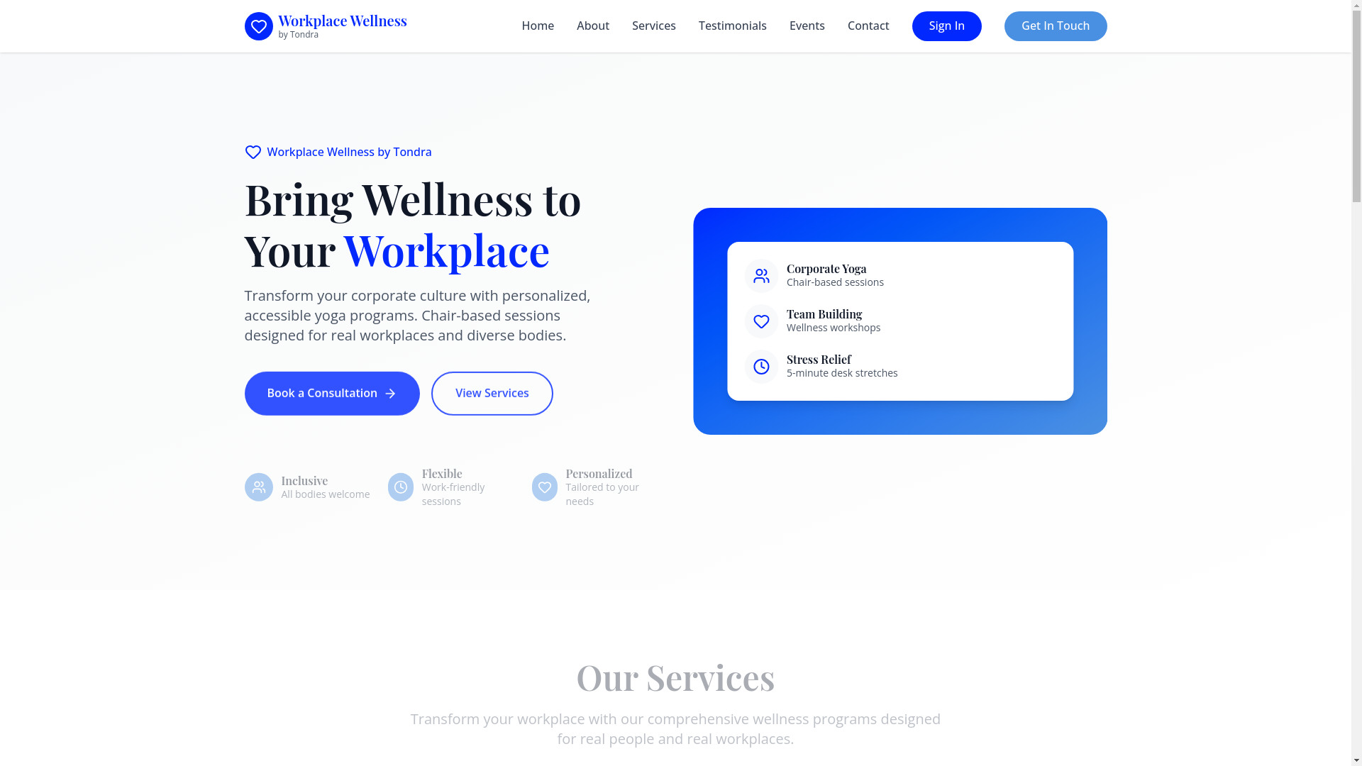 website screenshot of https://workplacewellnessbytondra.com/