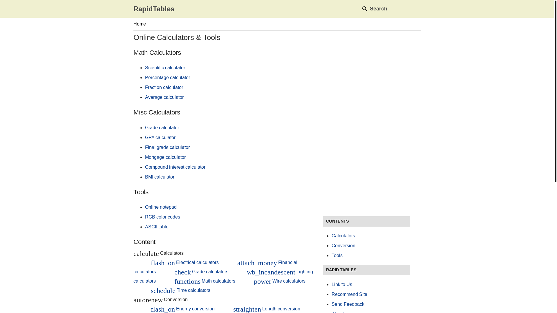 website screenshot of https://www.rapidtables.com/