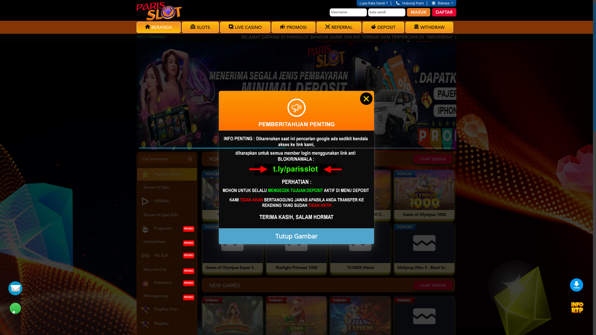 website screenshot of https://parisslot1x.shop/