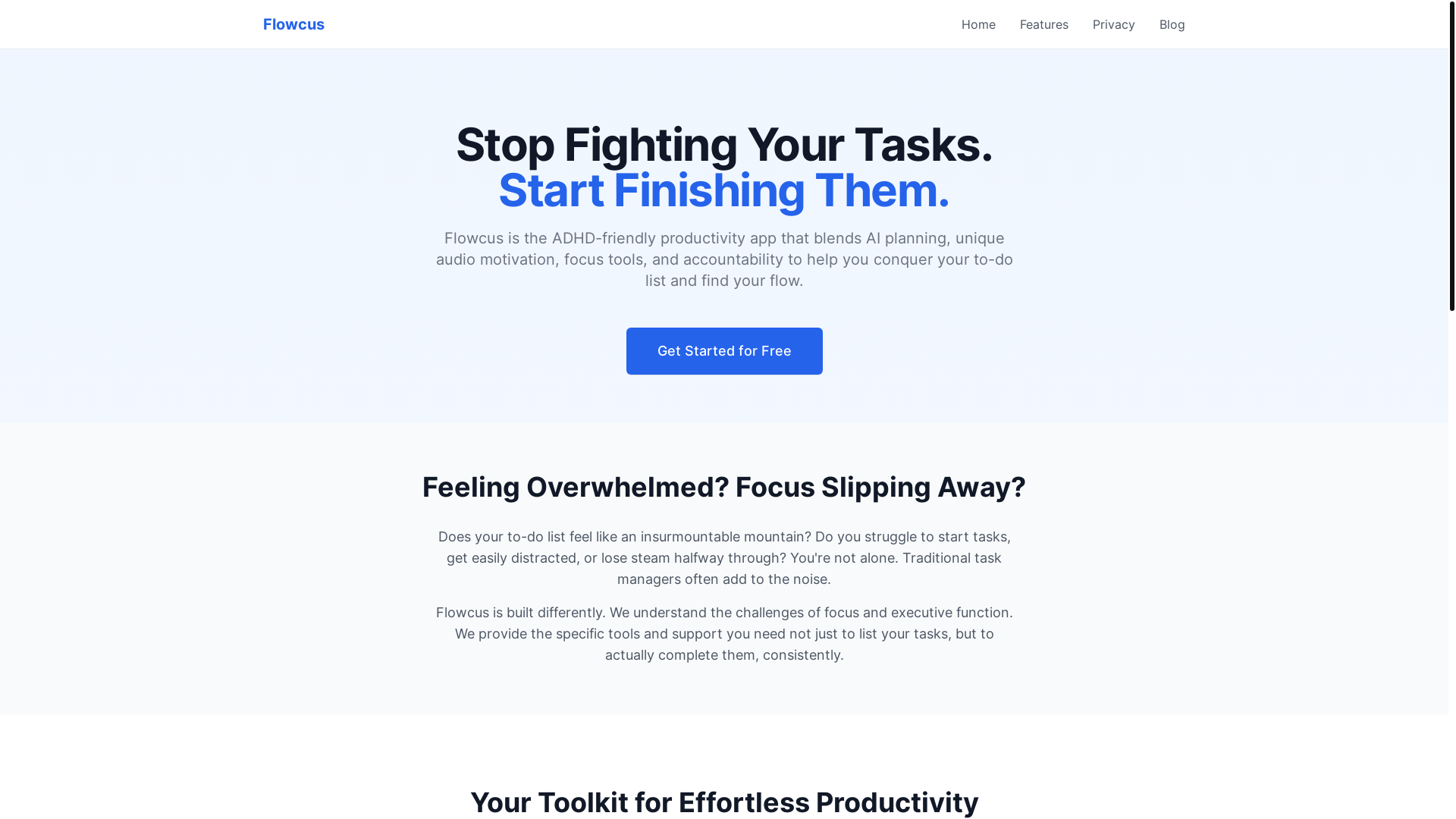 website screenshot of https://flowcus-website.pages.dev/