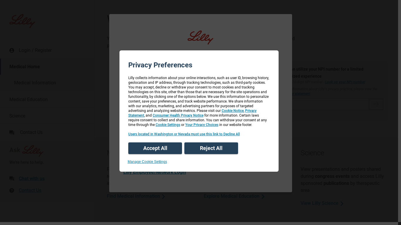 website screenshot of https://medical.lilly.com/
