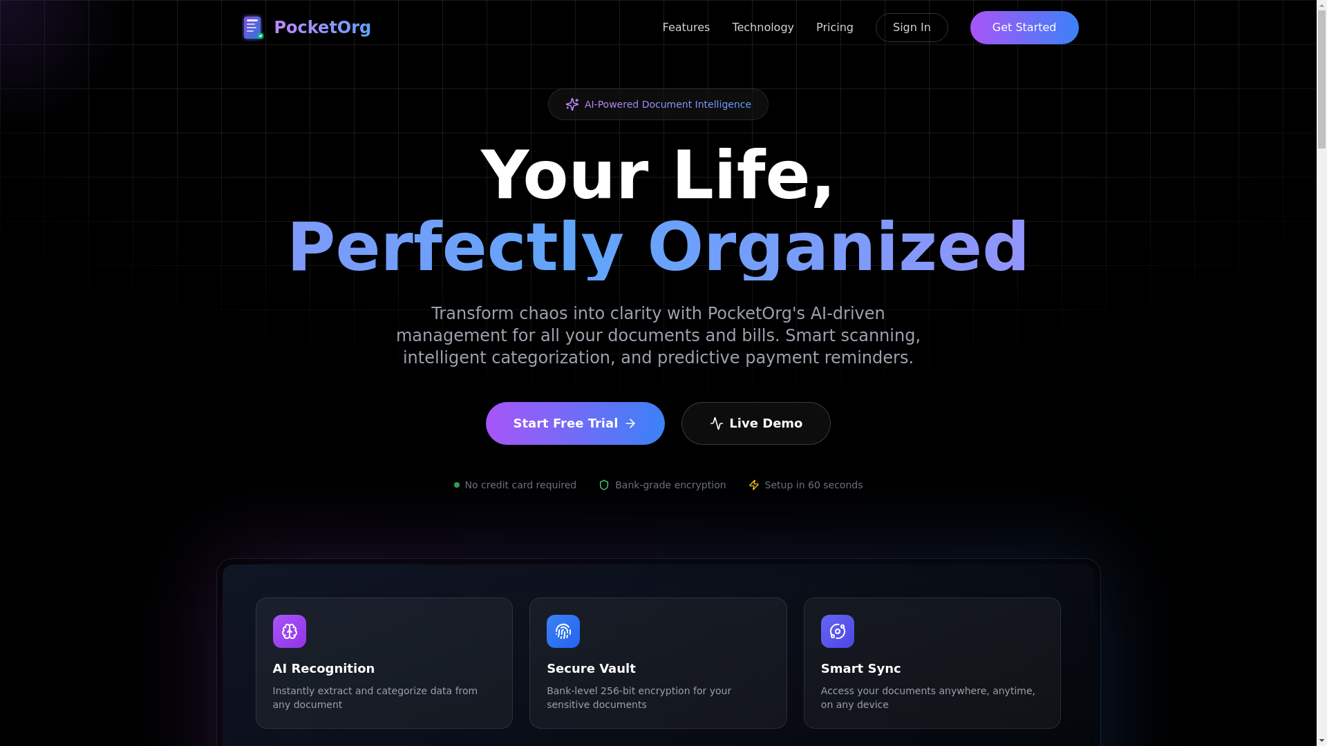 website screenshot of https://pocketorg.app/