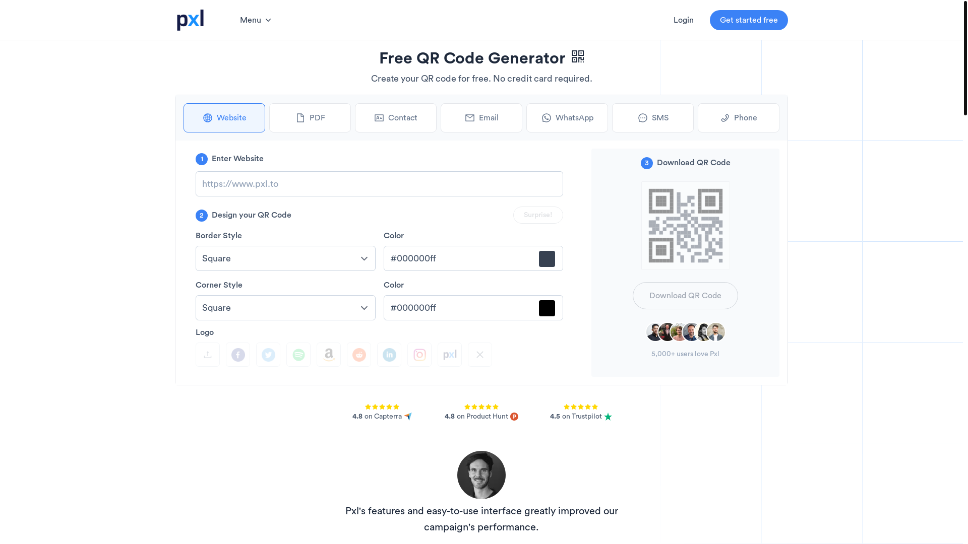 website screenshot of https://pxl.to