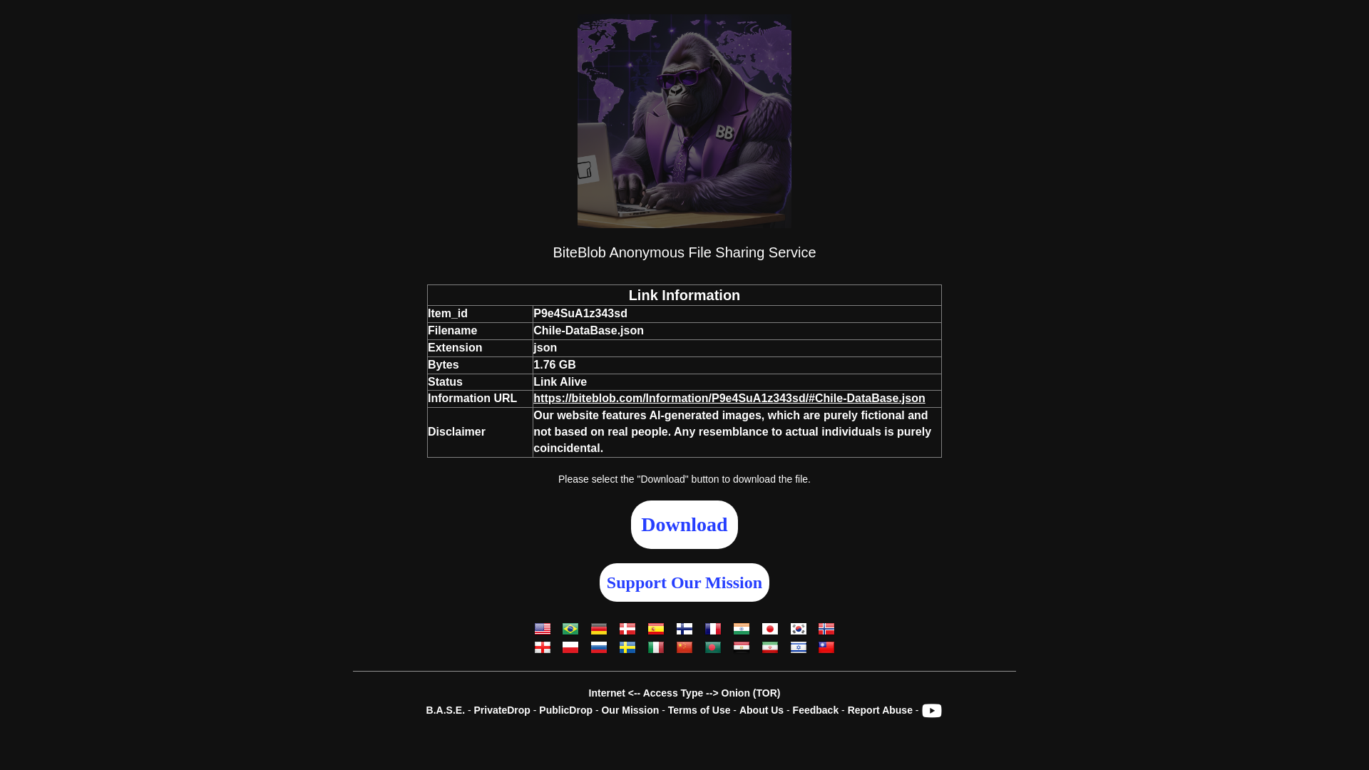 website screenshot of https://biteblob.com/Information/P9e4SuA1z343sd/#Chile-DataBase.json