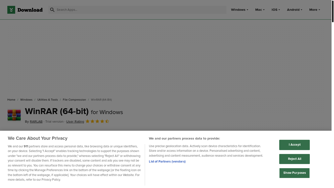 website screenshot of https://download.cnet.com/winrar-64-bit/3000-2250_4-10965579.html