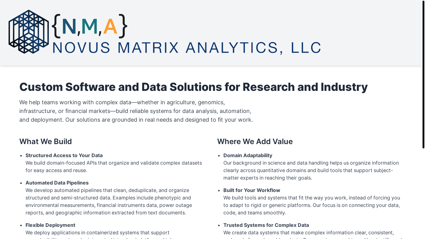 website screenshot of https://novusmatrixanalytics.com/