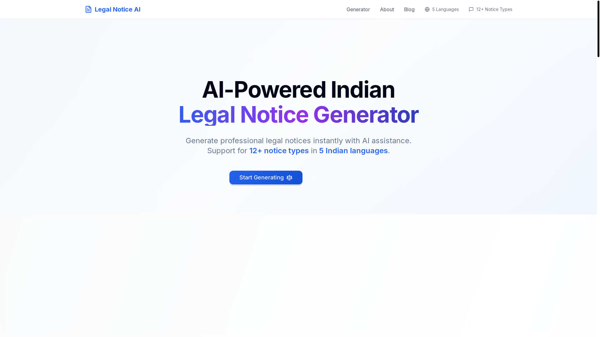 website screenshot of https://legalnoticeai.in/