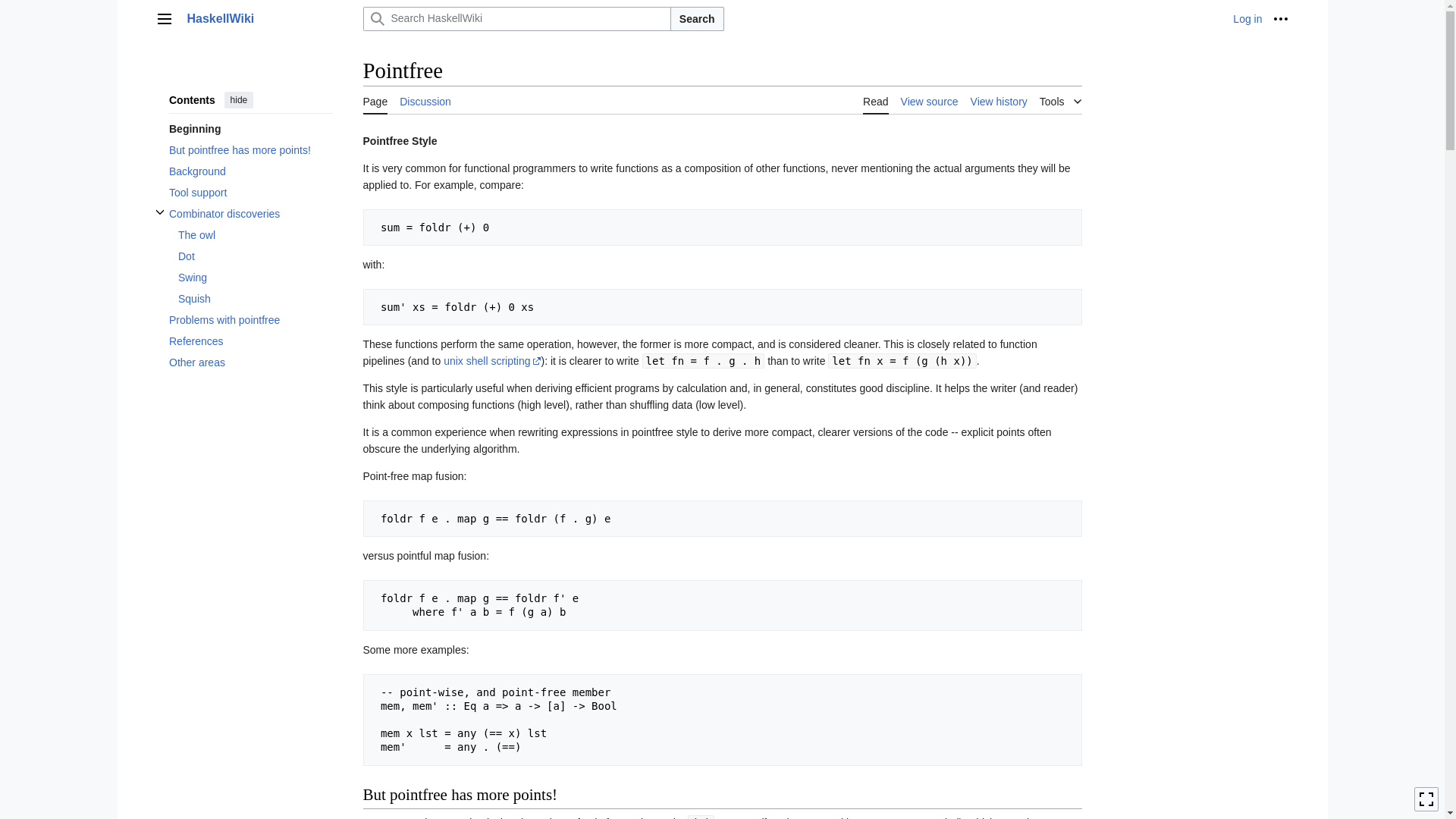 website screenshot of https://wiki.haskell.org/Pointfree