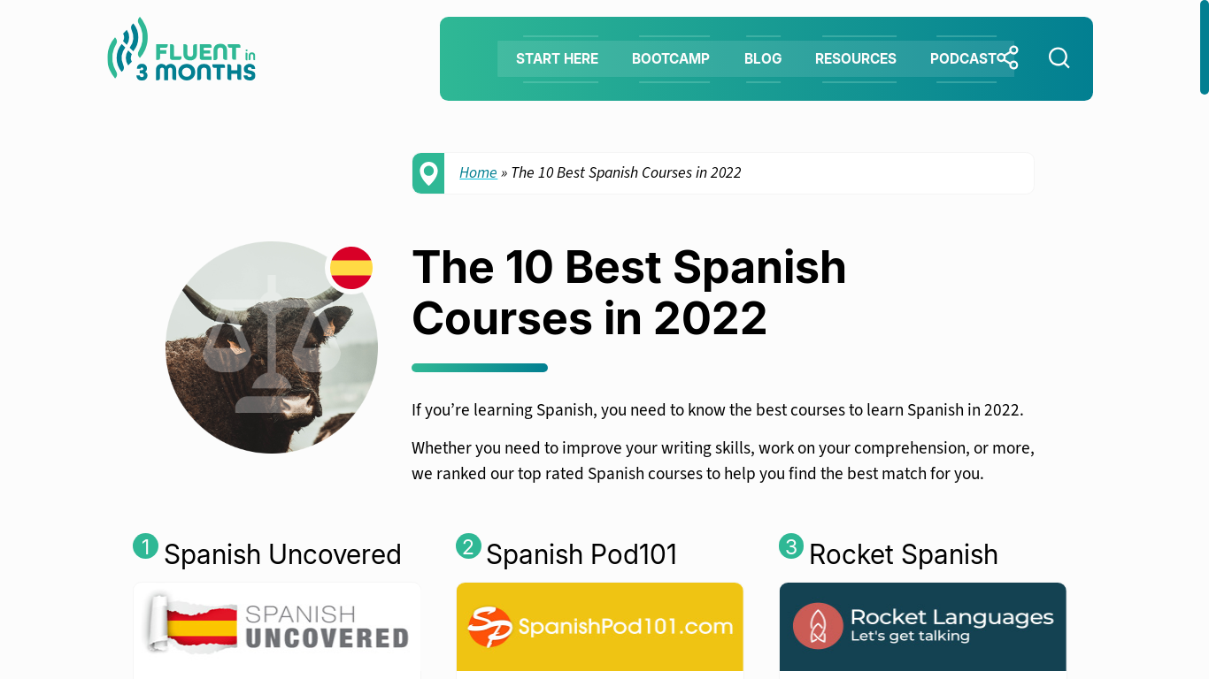 website screenshot of https://www.fluentin3months.com/top-spanish-courses