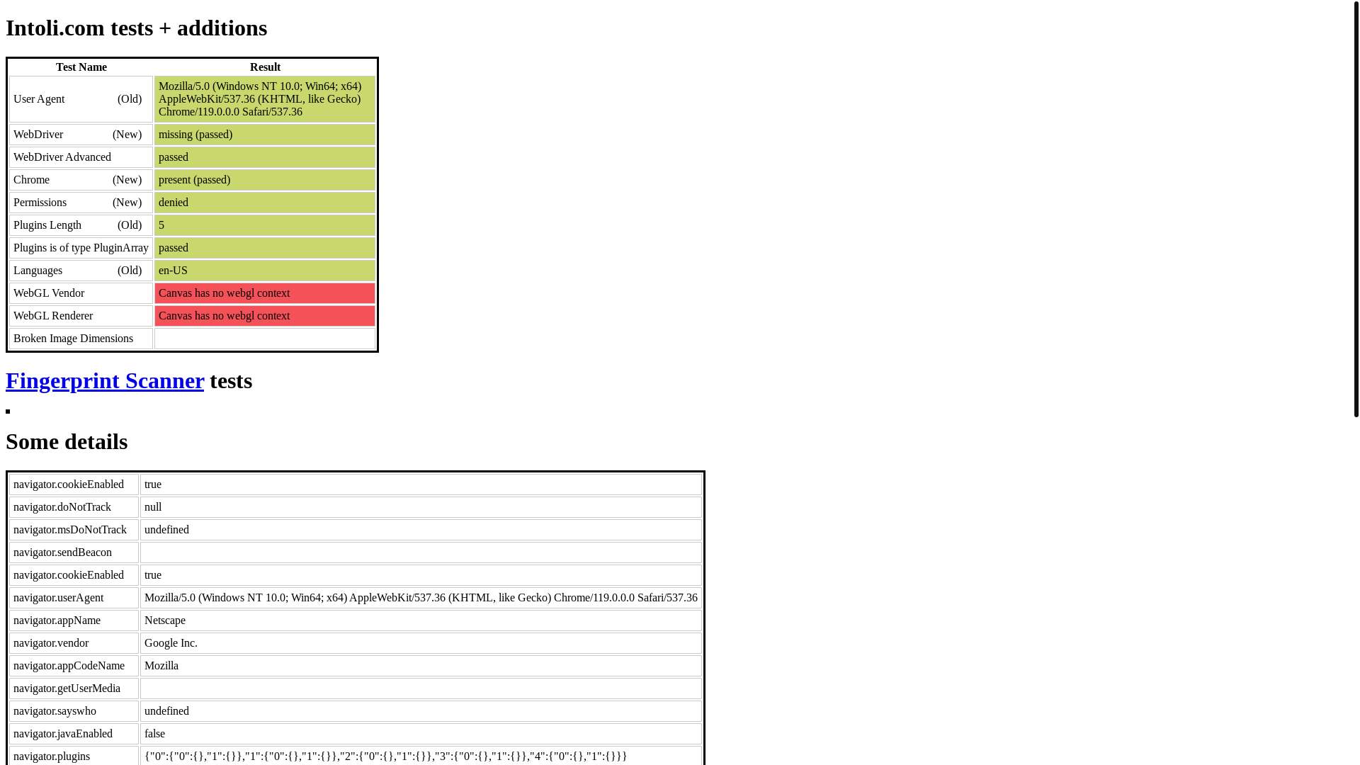 website screenshot of https://bot.sannysoft.com/