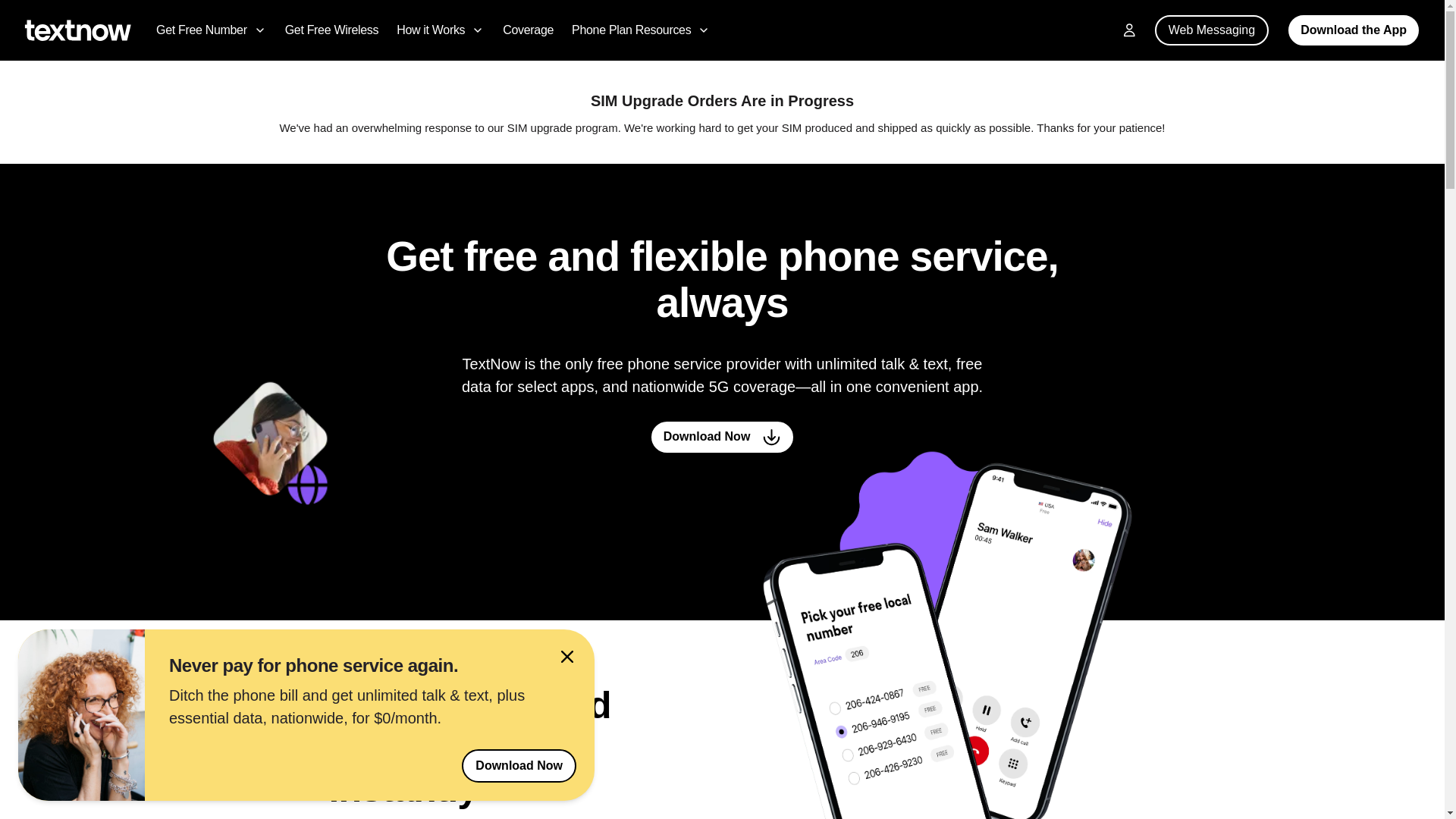 website screenshot of https://www.stage.textnow.com/