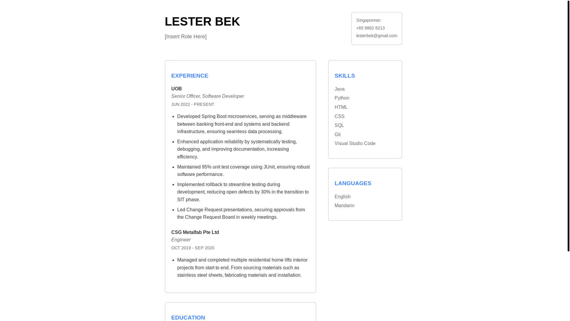 website screenshot of https://lesterbek-resume.click/
