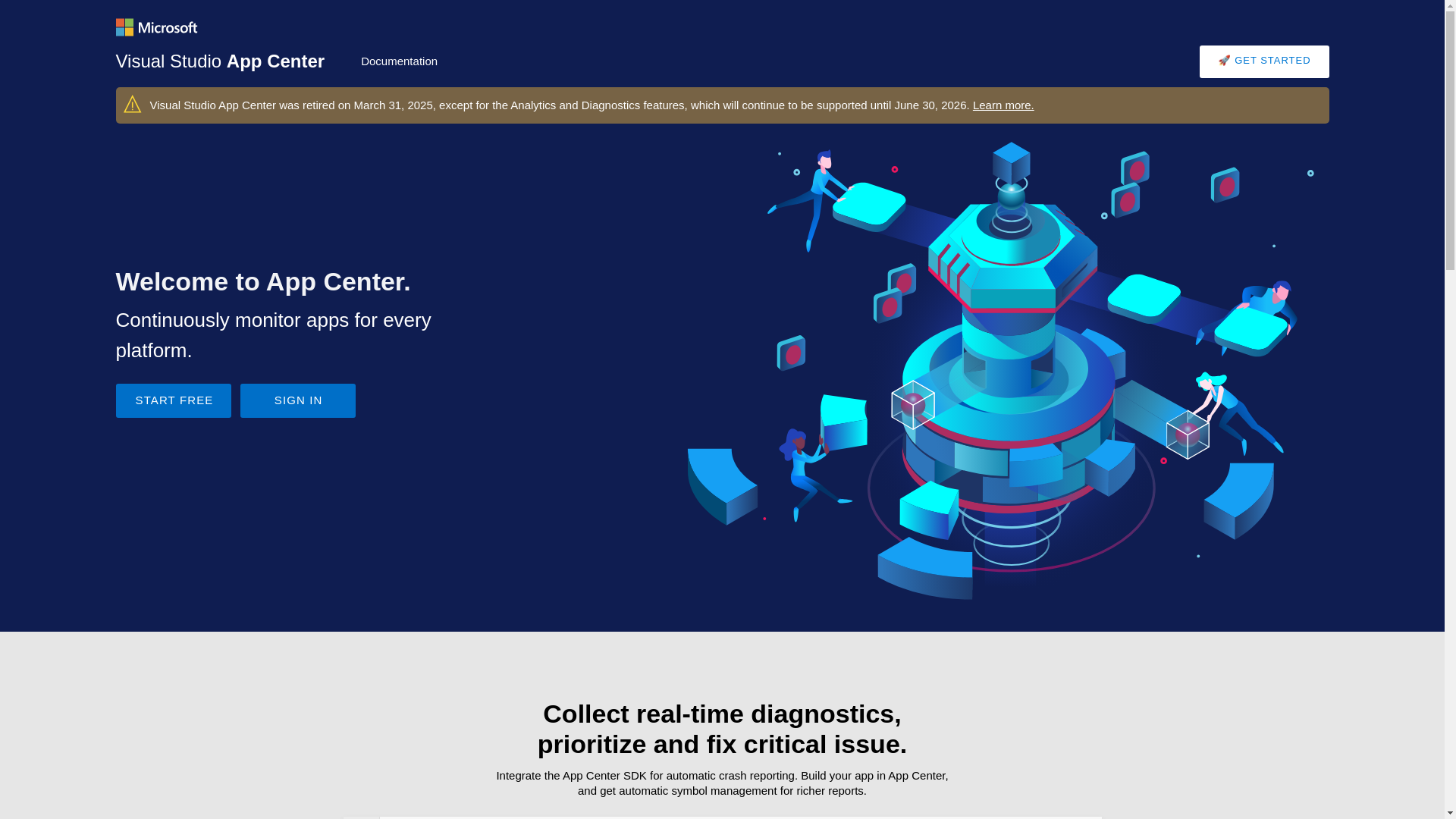 website screenshot of https://appcenter.ms