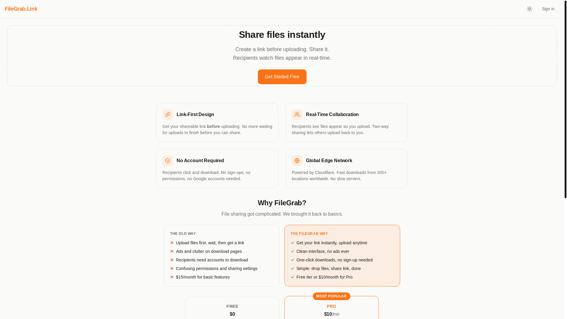 website screenshot of https://filegrab.link/