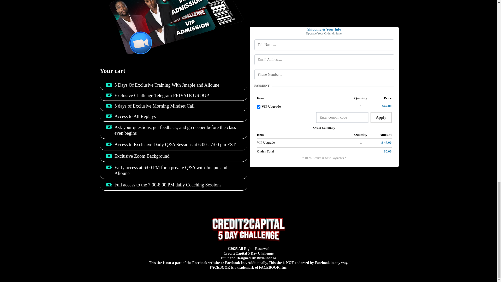 website screenshot of https://cred2capital.com/vip-admission-upgrade-offer#one-step-order-NE28VCVDfp