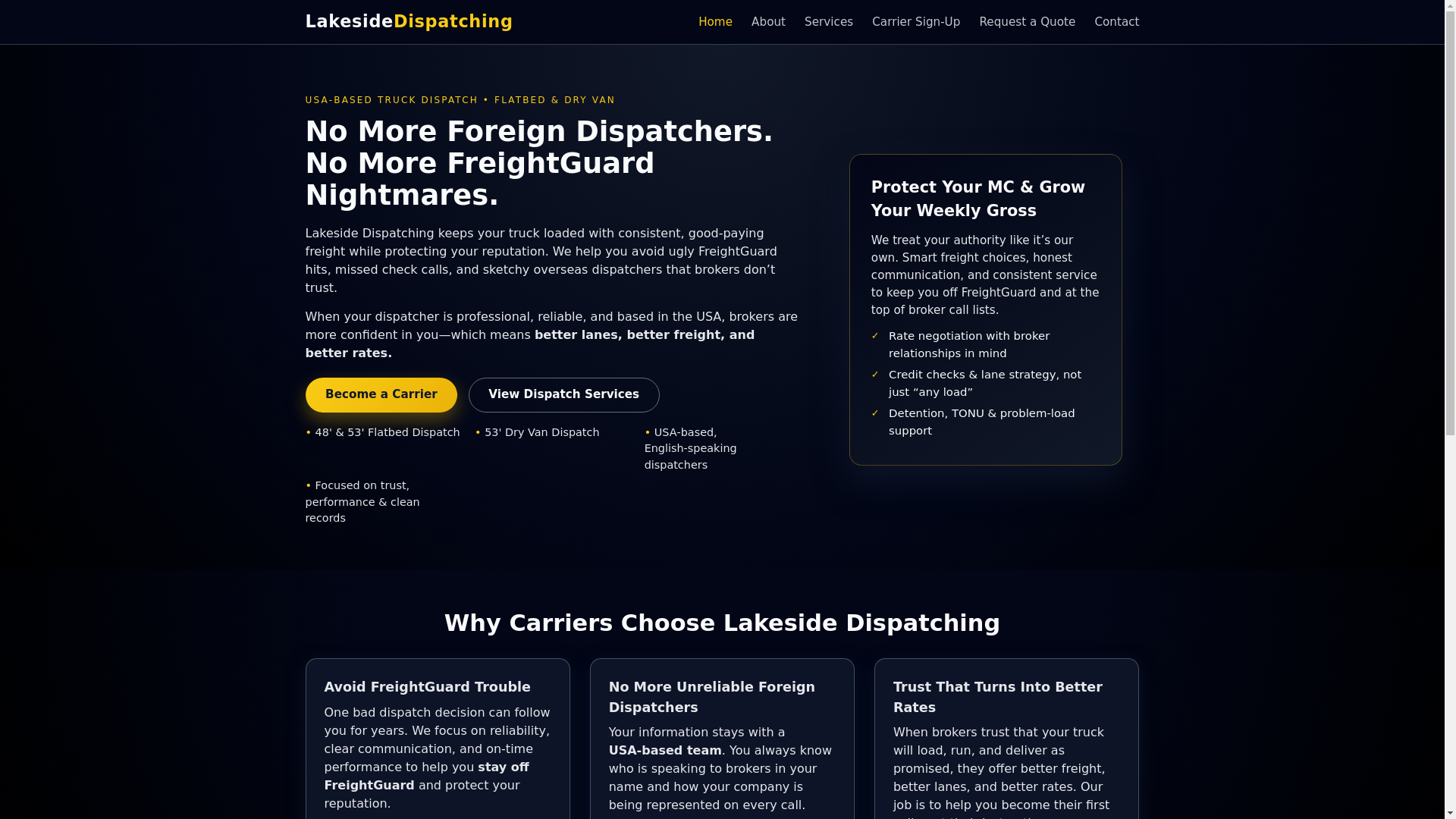 website screenshot of https://lakesidedispatching.com/