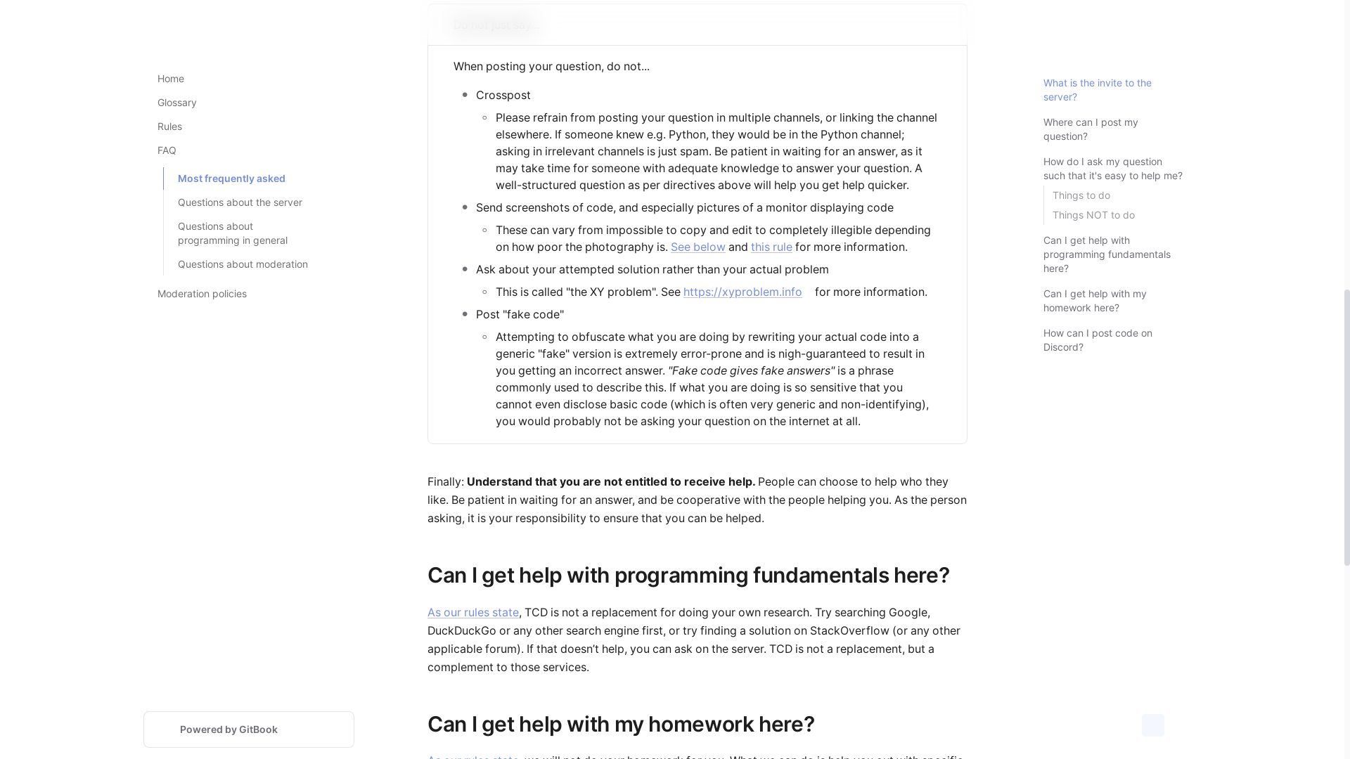 website screenshot of https://docs.thecodingden.net/community-policy-center/faq/popular#when-posting-your-question-do-not