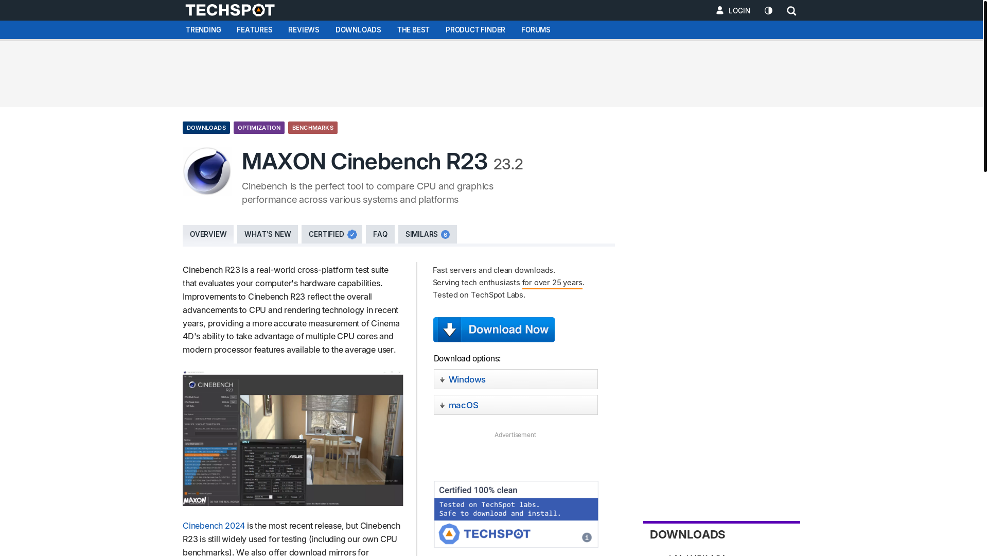 website screenshot of https://www.techspot.com/downloads/7579-cinebench-r23.html