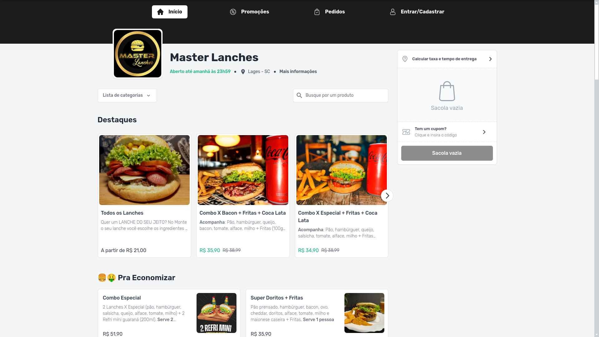 website screenshot of https://masterlanches.com.br/