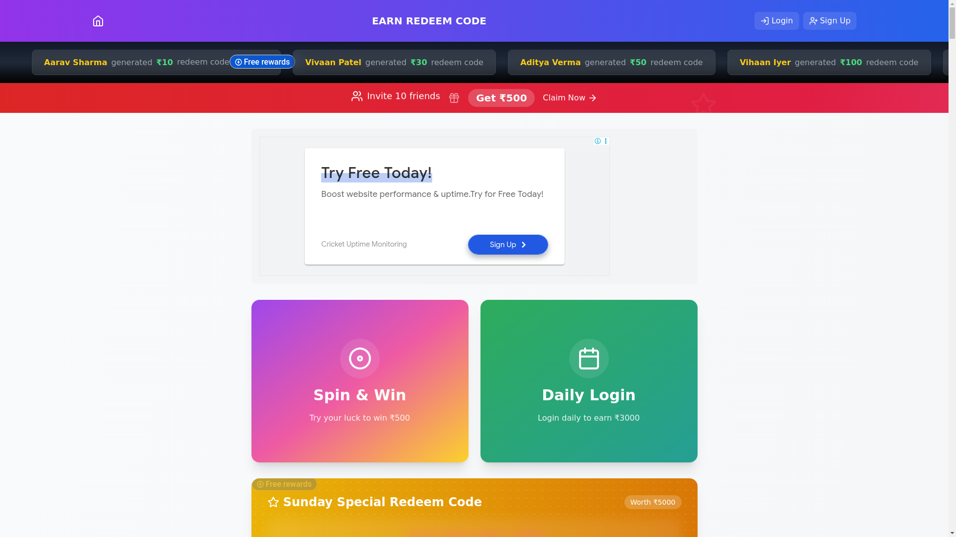 website screenshot of https://earnredeemcode.com/