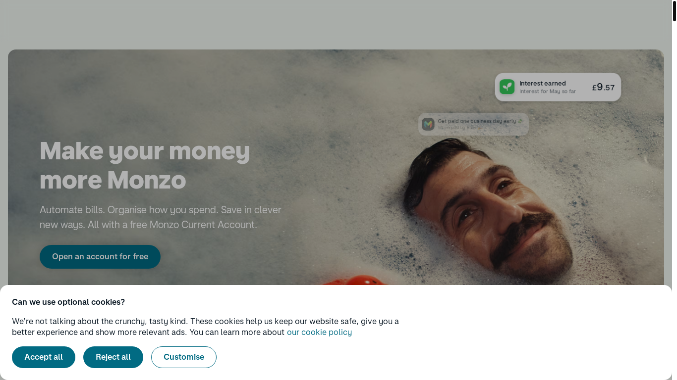 website screenshot of https://monzo.com/