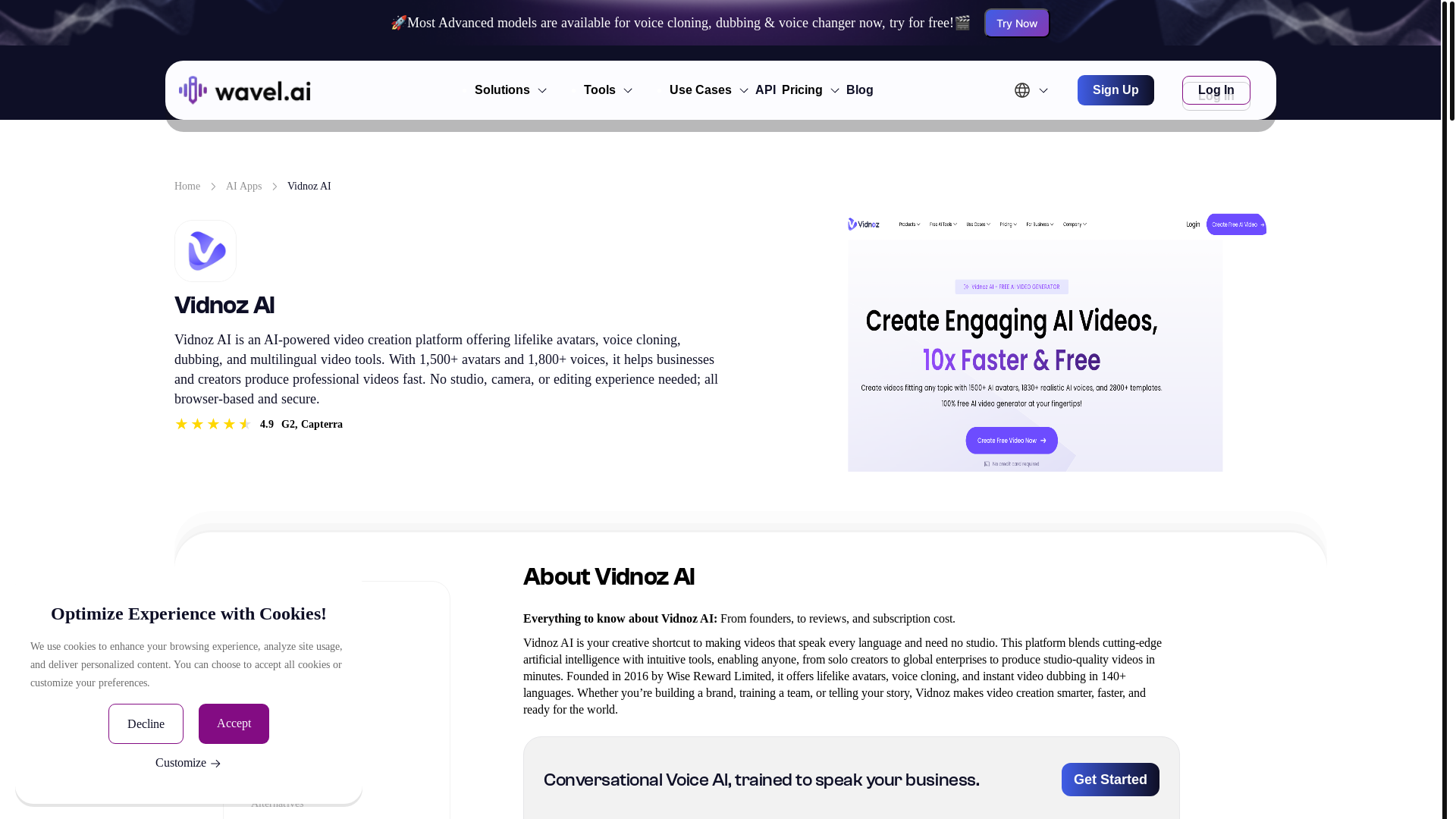 website screenshot of https://wavel.ai/ai-apps/vidnoz