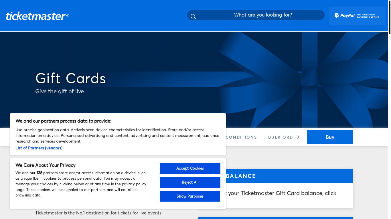 website screenshot of https://www.ticketmaster.co.uk/giftcards