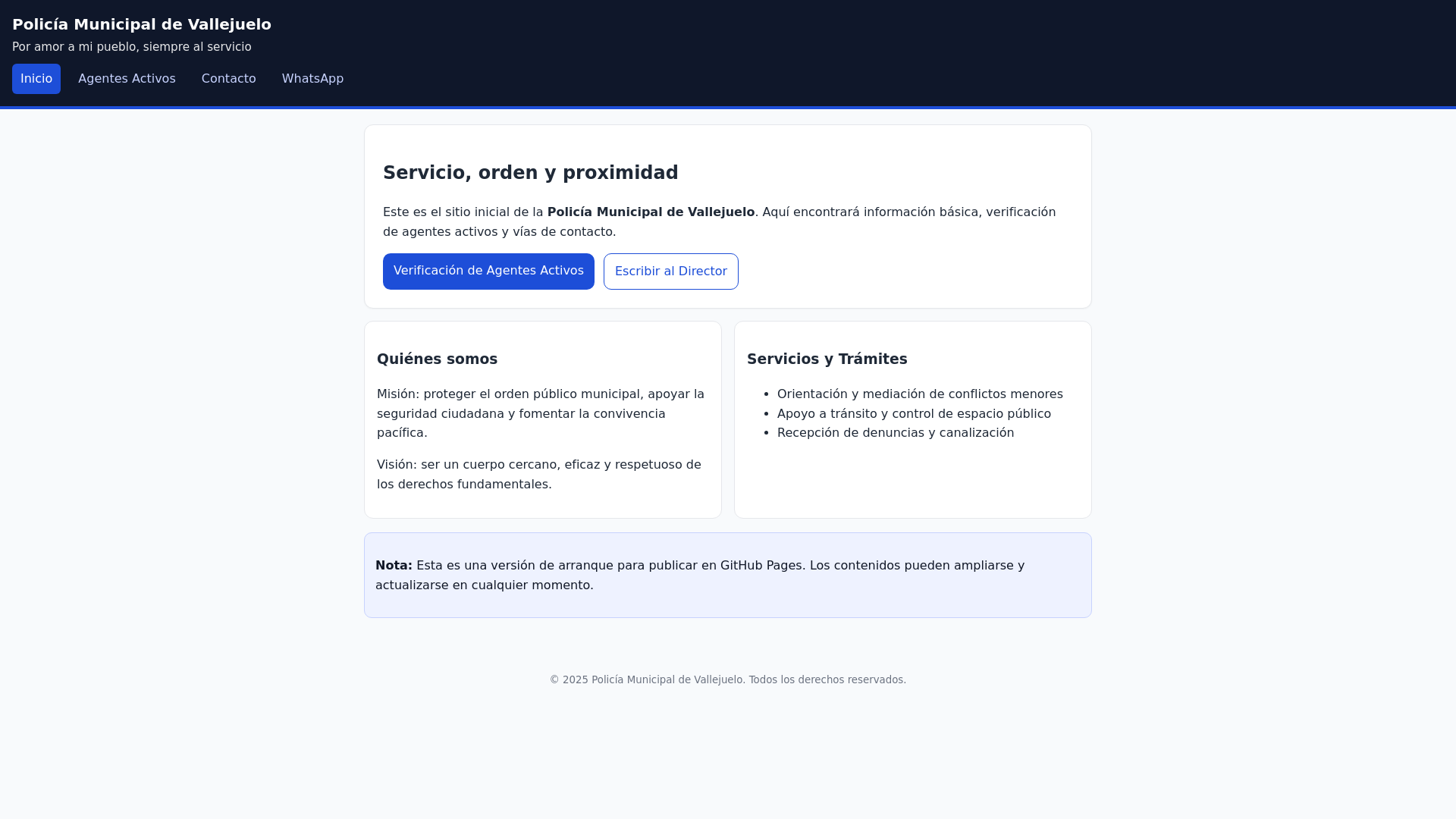 website screenshot of https://policiamunicipalvallejuelo.com.do/