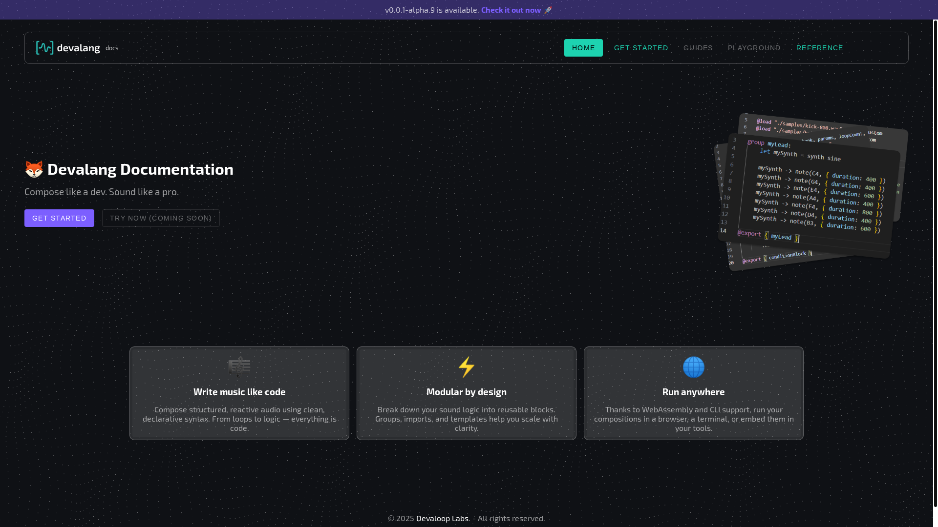 website screenshot of https://devalang-docs.pages.dev/