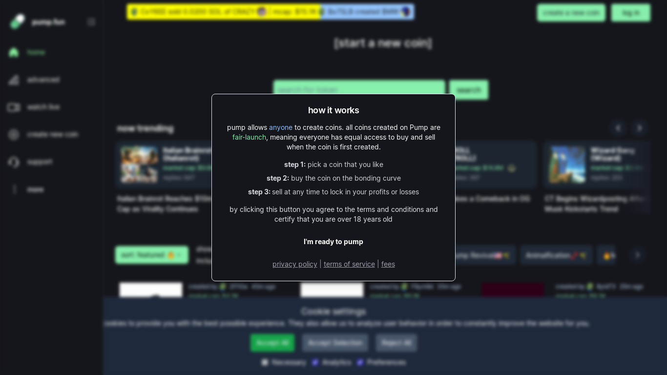 website screenshot of https://pump.fun/