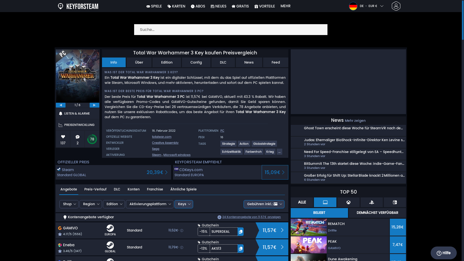 website screenshot of https://www.keyforsteam.de/total-war-warhammer-3-key-kaufen-preisvergleich/