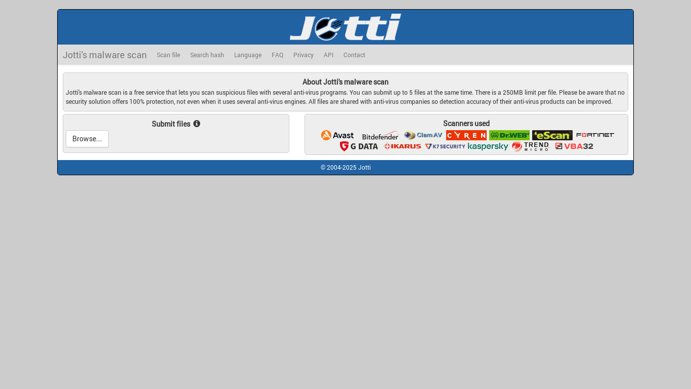 website screenshot of https://virusscan.jotti.org/
