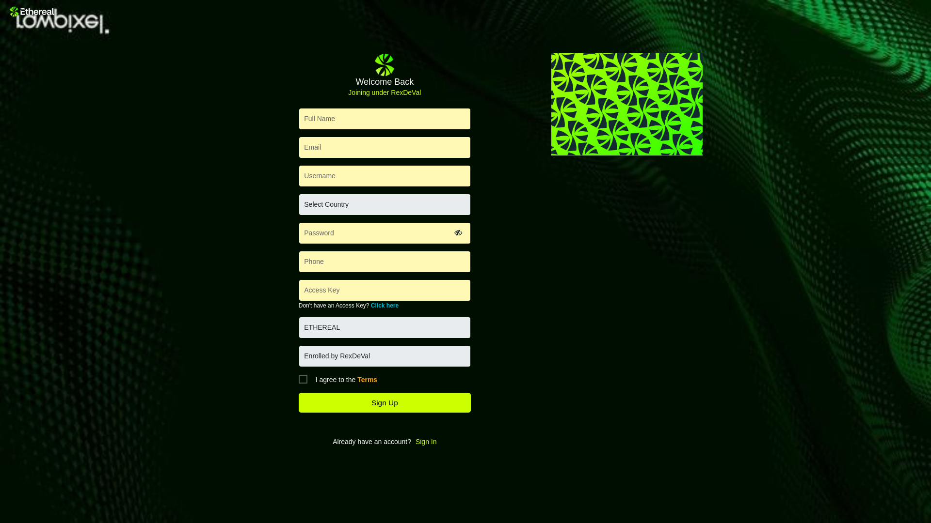 website screenshot of https://etherealweb.site/signup?ref=RexDeVal