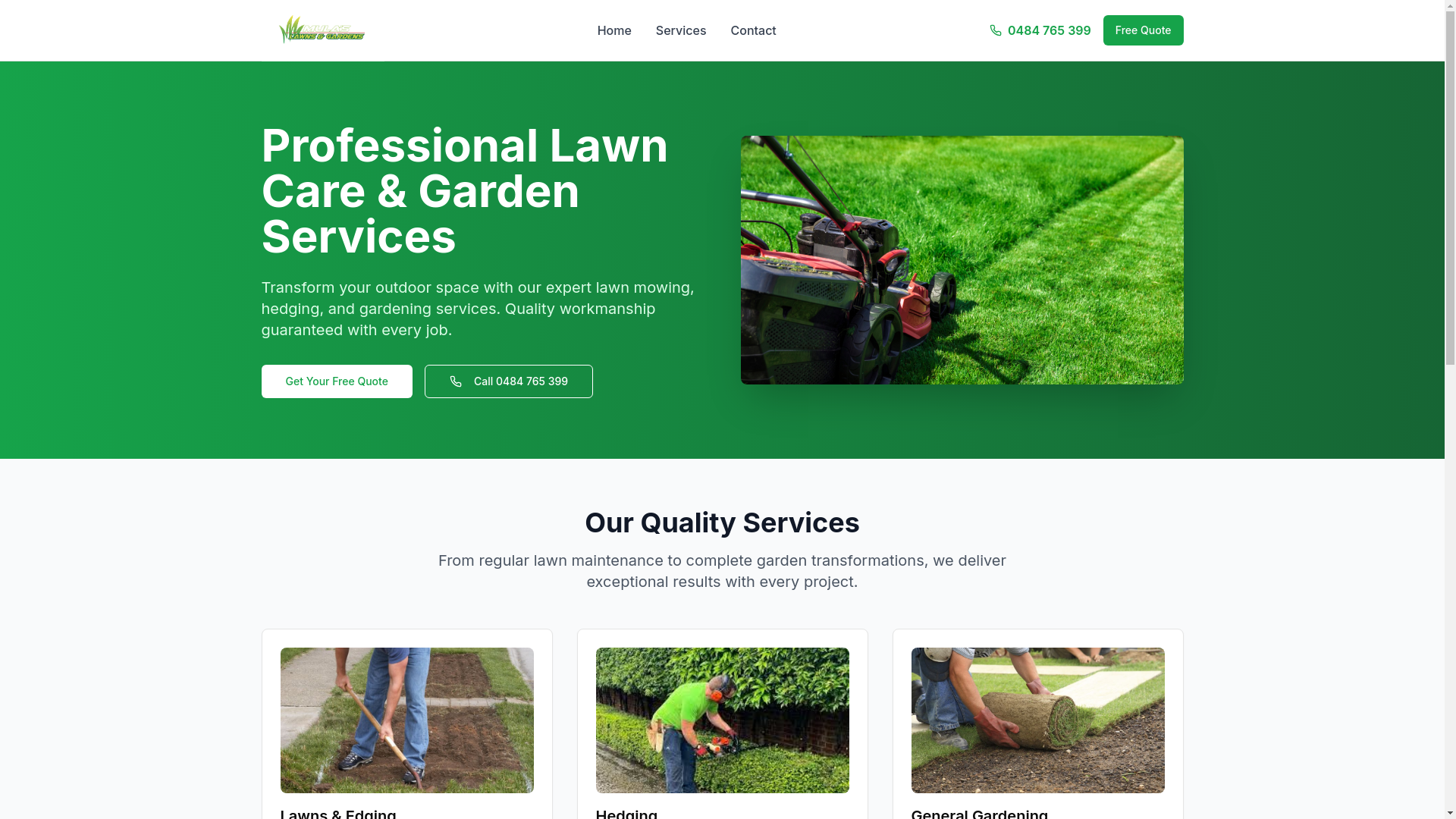 website screenshot of https://mulaslawnsandgardens.com.au/