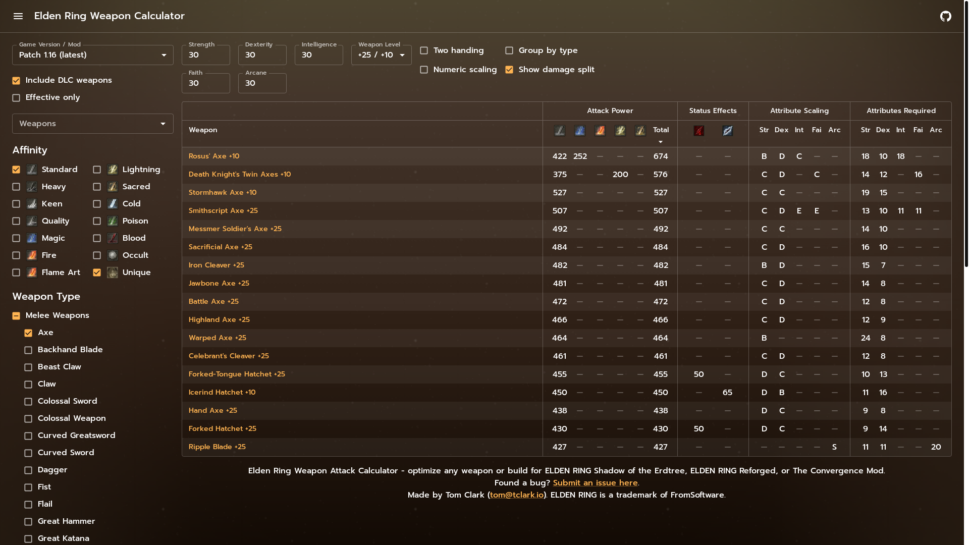 website screenshot of https://elden-ring-weapon-calculator.pages.dev/