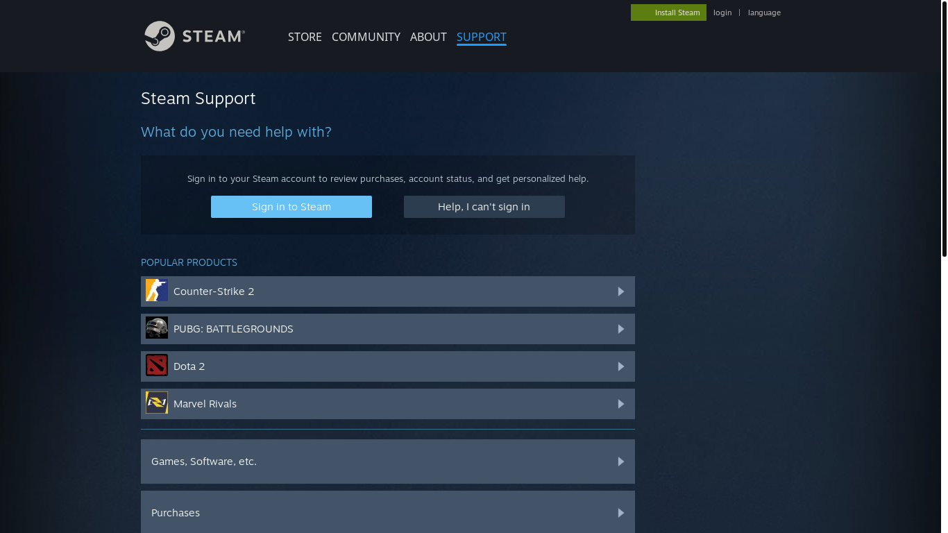 website screenshot of http://support.steampowered.com/