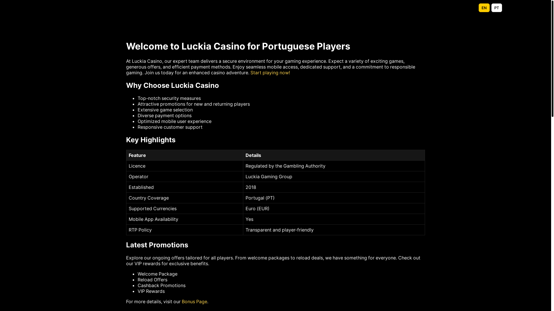 website screenshot of https://luckia-pt.casino