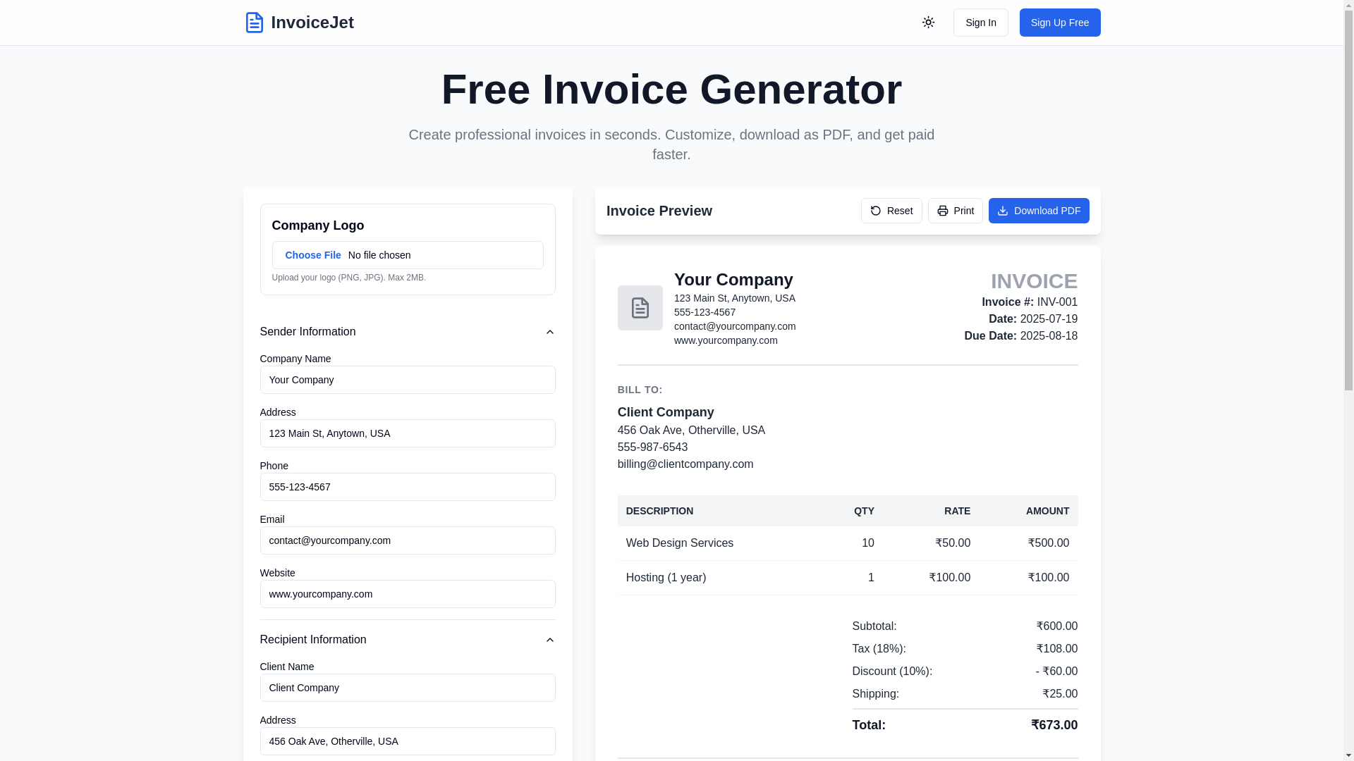 website screenshot of https://freeinvoicegeneratorindia.in/