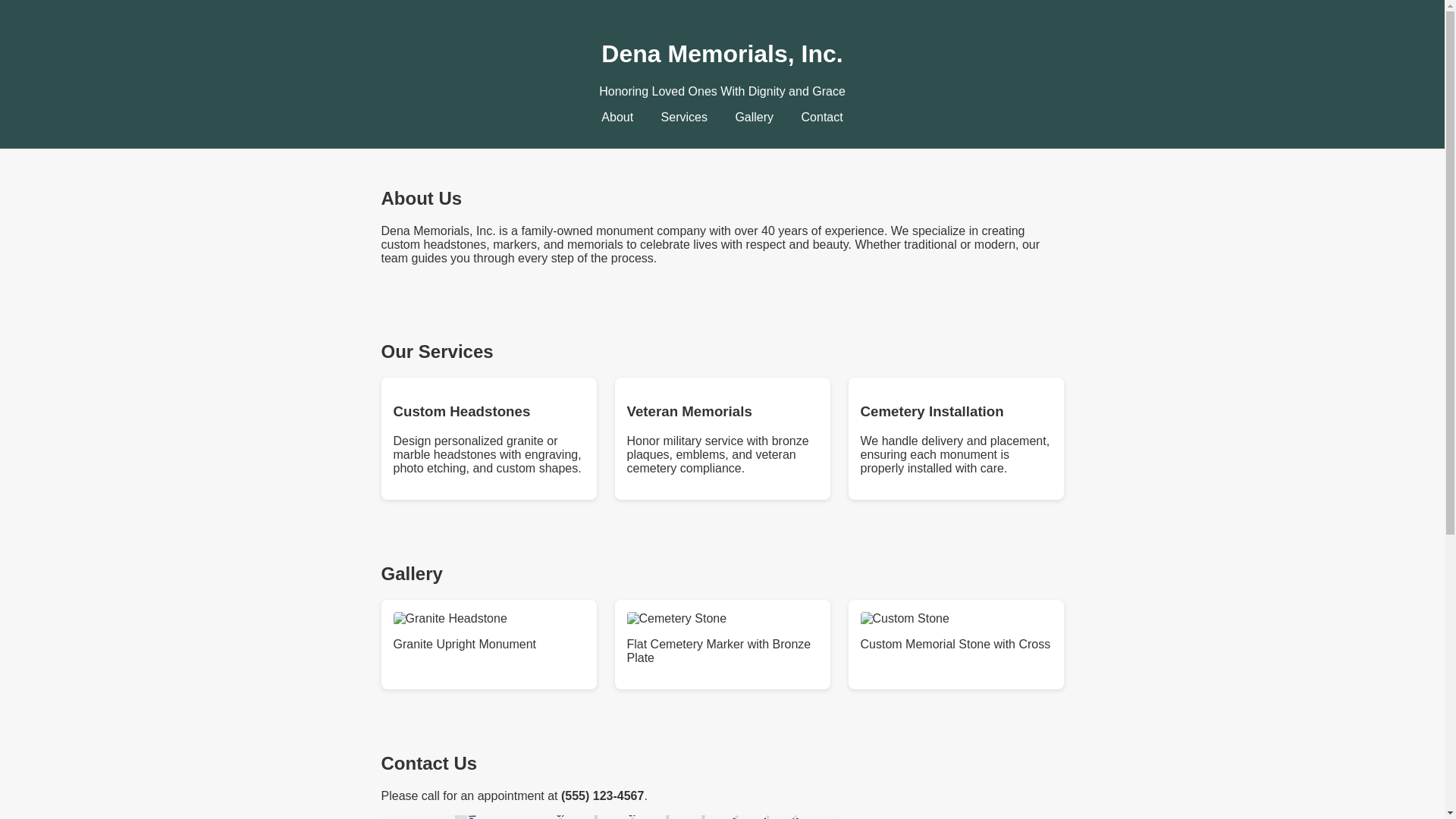website screenshot of https://denamemorials.com/