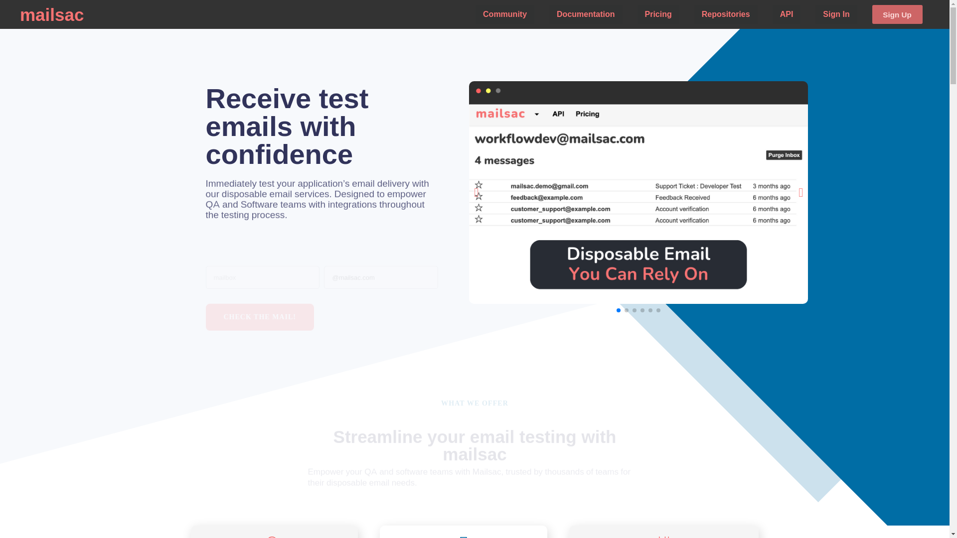 website screenshot of https://mailsac.com/