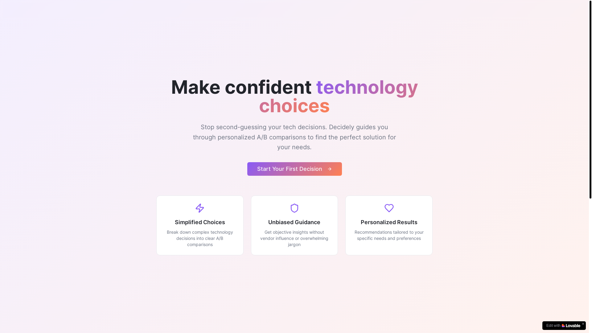 website screenshot of https://decidely.me/