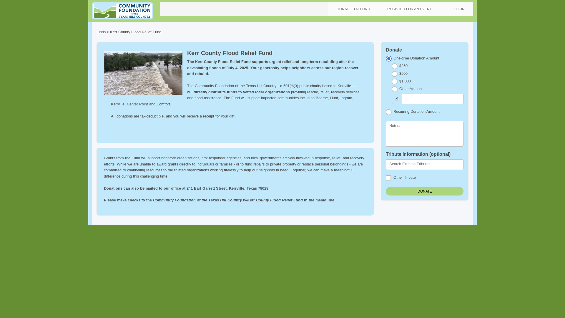 website screenshot of https://cftexashillcountry.fcsuite.com/erp/donate/create/fund?funit_id=4201